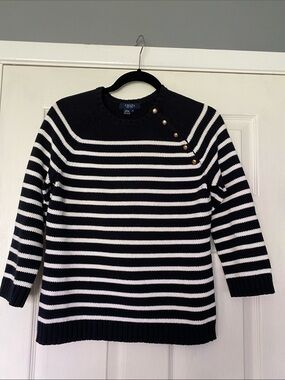 Chaps 100% Cotton Navy & White Striped Crewneck Sweater Size S